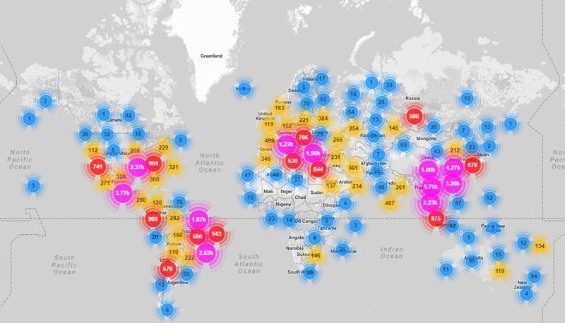 Карта распространения узлов зомби-сети Mirai